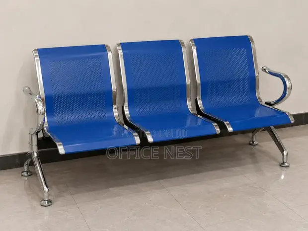 Blue 3-Seater Reception Bench with Chrome Frame - 1