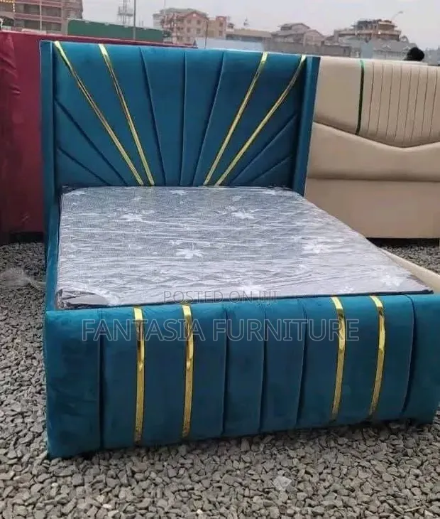 Blue 5x6 Bed Frame with Velvet Upholstery - 1