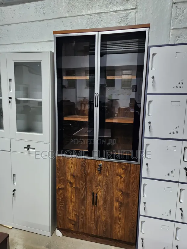 Office Cabinet - Wooden & Black Glass Doors - 1