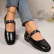 Mary Jane Buckle Flat Shoes - Beige - 3