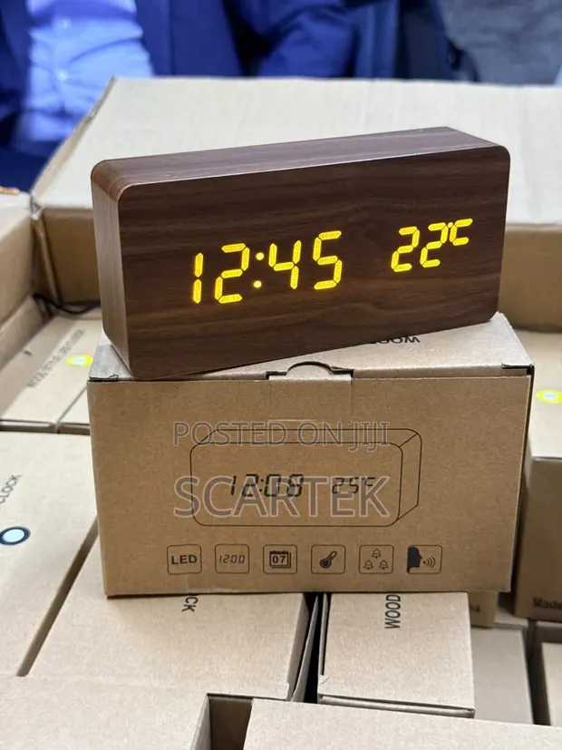 Wood Grain Digital Clock with Thermometer - 1