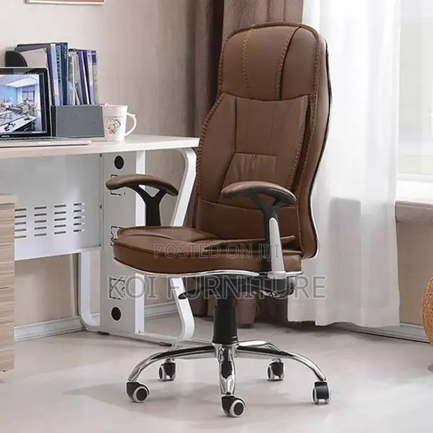 Modern Brown Leather High Back Office Chair with Reclining Feature - 1