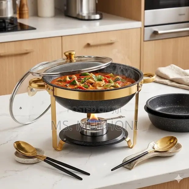 6L Premium Black & Gold Round Stainless Steel Chafing Dish - 1