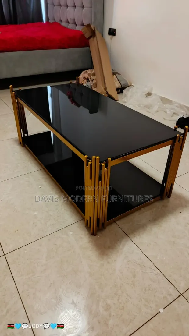Luxury Double-Layer Coffee Table - Black Glass & Gold Frame - 1