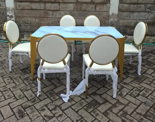 6-Seater Luxury Marble Dining Set - White & Gold - 1