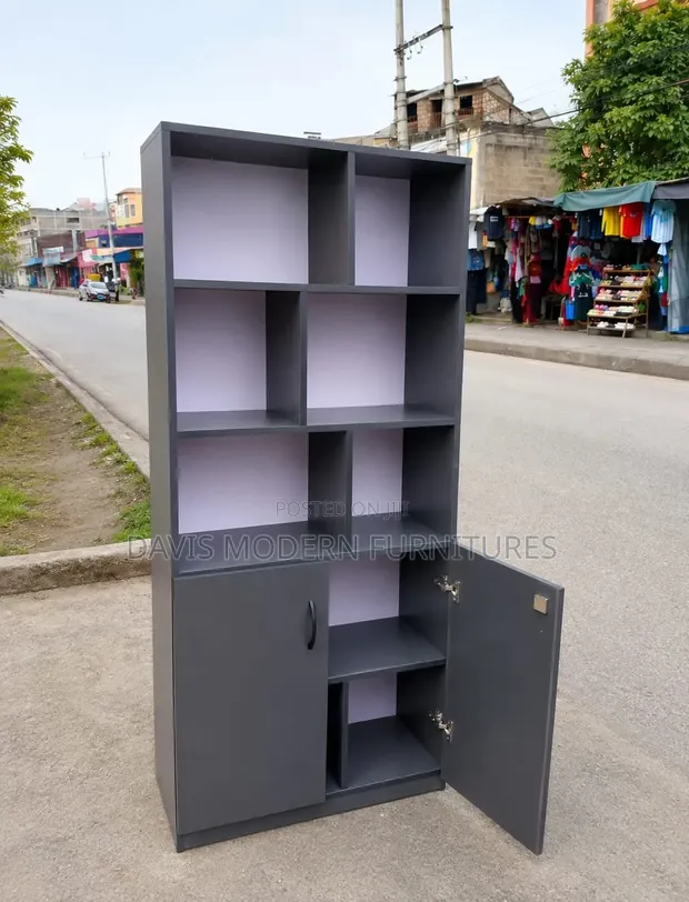 8-Cube Open Shelf Bookcase with 2-Door Storage - Dark Grey - 1