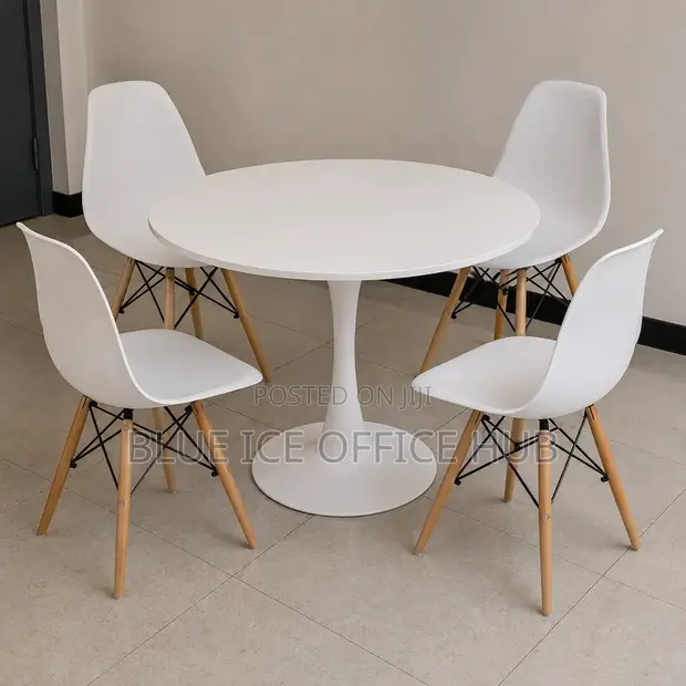 4-Seater Round Dining Table Set with White Chairs - 1