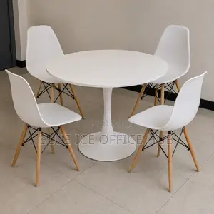 4-Seater Round Dining Table Set with White Chairs