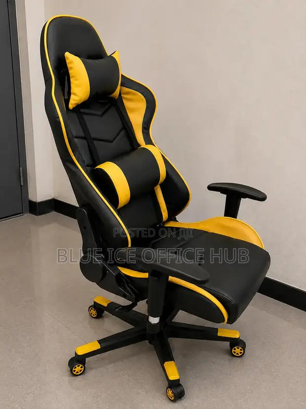 Black & Yellow Gaming Chair with Footrest & Lumbar Support - 1
