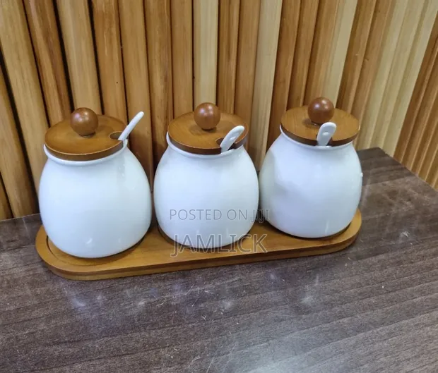3-Piece Ceramic Canister Set with Bamboo Base - 1
