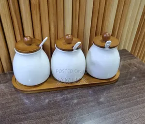 3-Piece Ceramic Canister Set with Bamboo Base