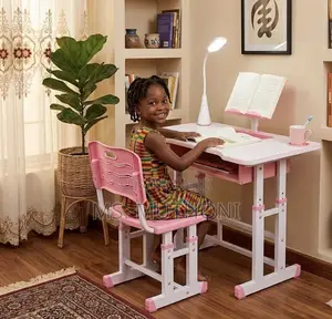Children's Pink & White Height-Adjustable Study Desk Set with Lamp