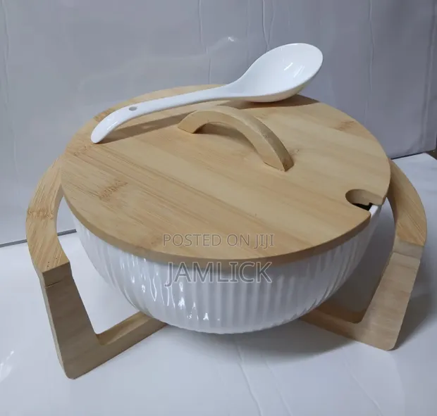 Ceramic Salad Bowl Set with Bamboo Stand - White - 1