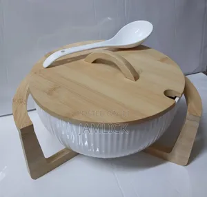 Ceramic Salad Bowl Set with Bamboo Stand - White