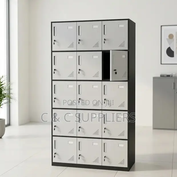 15-Door Gray Metal Locker Cabinet - 1