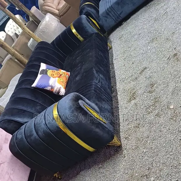 3 Seater Luxury Dark Blue Sofa with Gold Trim - 1