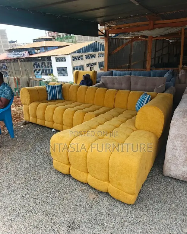 5 Seater Mustard Yellow Bubble L-Shape Sofa - 1