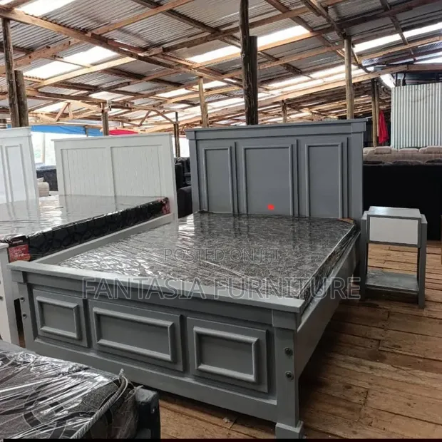 5x6 Wooden Panel Bed with Bedside Table - 1
