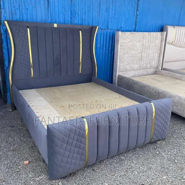 Dark Grey Velvet 5x6 Bed with Gold Trim - 1
