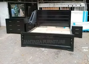 Black Wooden 5x6 Bed with Dresser & Nightstand