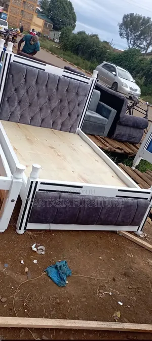 White & Grey 5x6 Bed with Velvet Upholstery
