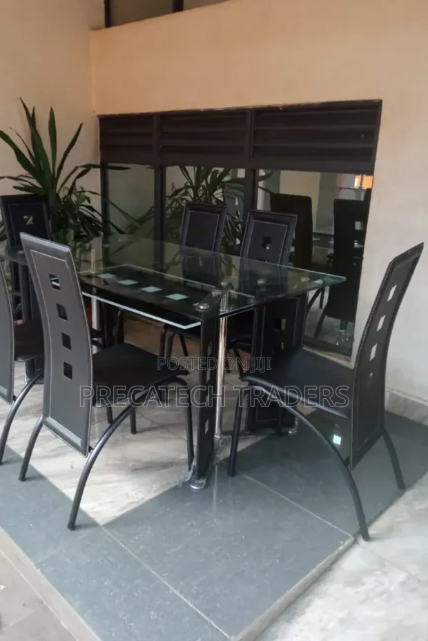 Executive 6-Seater Glass Dining Table with Leather Seats - 1