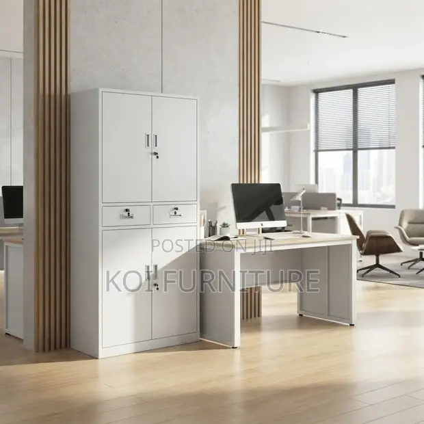 Office Cabinet: 4 Drawers, Large Doors, Steel, Gray - 1