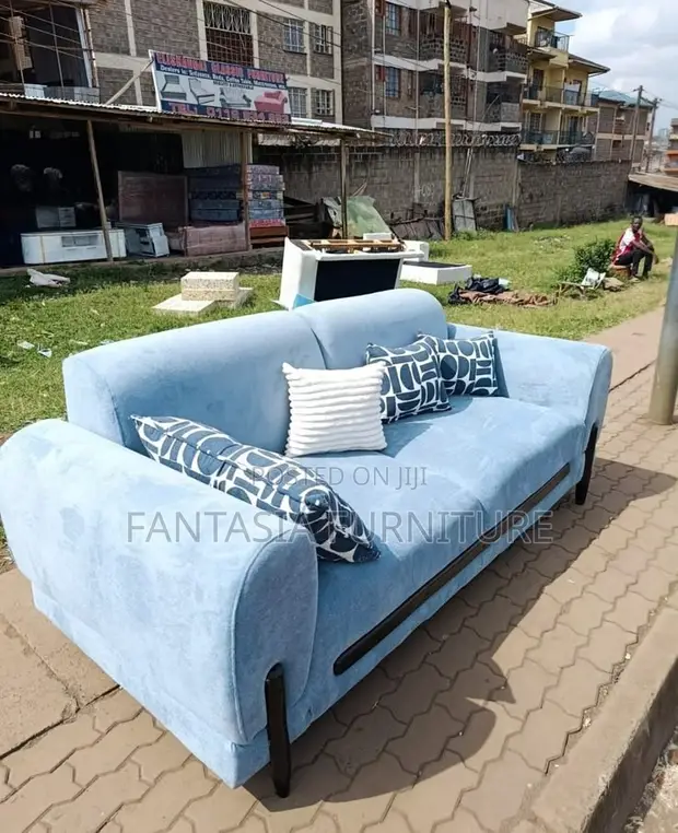 Powder Blue 3-Seater Sofa with Wood Trim - 1