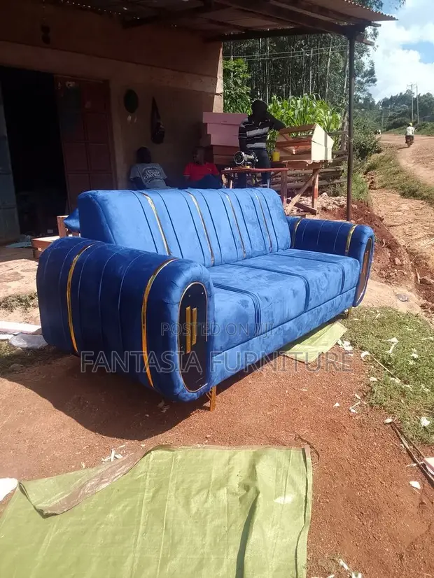 3 Seater Blue Fabric Sofa with Gold Trim - 1