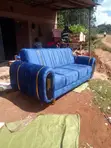 3 Seater Blue Fabric Sofa with Gold Trim - 1