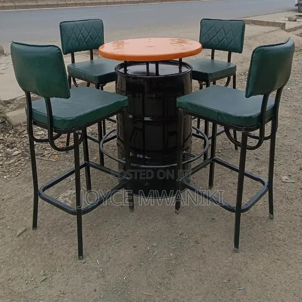 Powder Coated Metal Bar Chairs & Custom Drum Table Set - 1