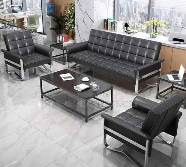 5-Seater Black Leather Reception Sofa Set - 1