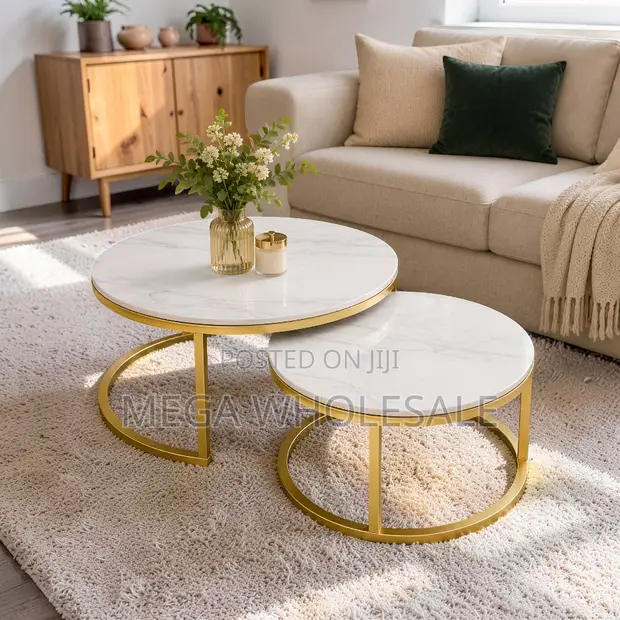Marble Finish Nesting Coffee Table Set with Gold Metal Frame - 1