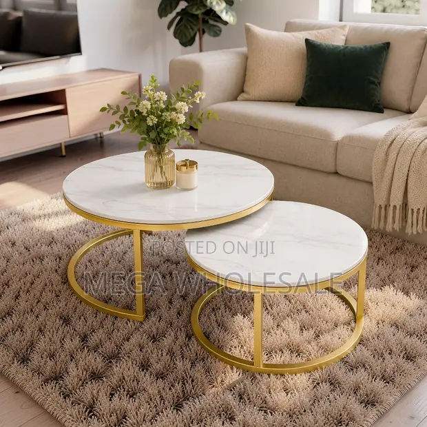Nesting Tables Marble Coffee Table Set with Gold Metal Frame - 1
