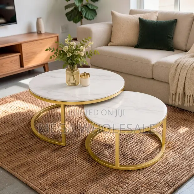 Space Saving Marble Nesting Coffee Table Set - Gold Metal Frame - 1