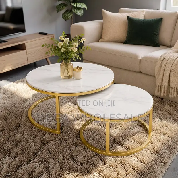 Elegant Marble Nesting Coffee Table Set with Gold Metal Frame - 1