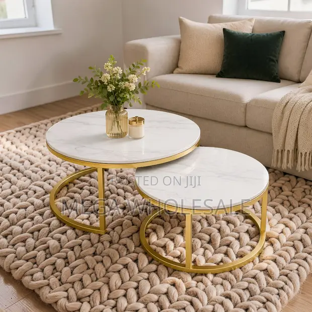 Marble Nesting Coffee Table Set with Gold Metal Frame - 1