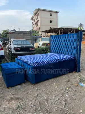 Royal Blue Tufted Wingback Bed with Ottoman (5x6)