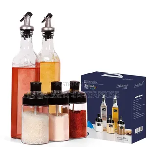 Glass 5pc Kitchen Set: 2x600ml Oil Bottles, 3x200ml Seasoning Jars