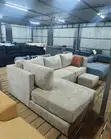 5 Seater Beige Textured Chaise L-Shaped Sofa + Ottoman - 1
