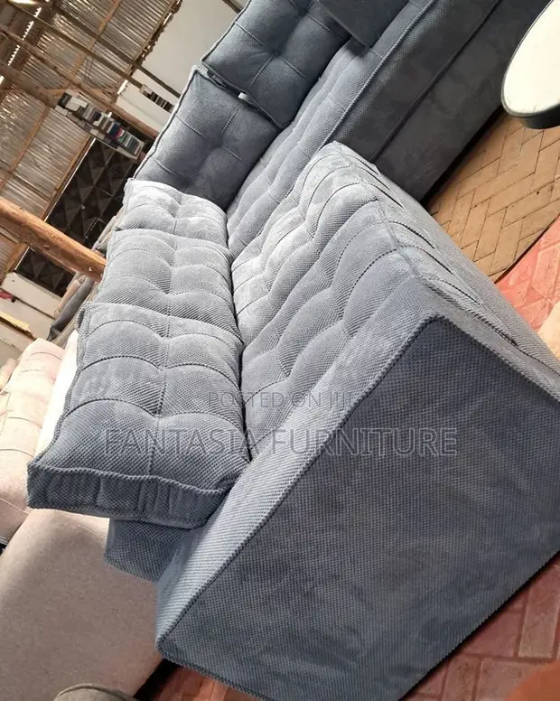 5 Seater Grey Ribbed Channel Tufted Sofa - 1