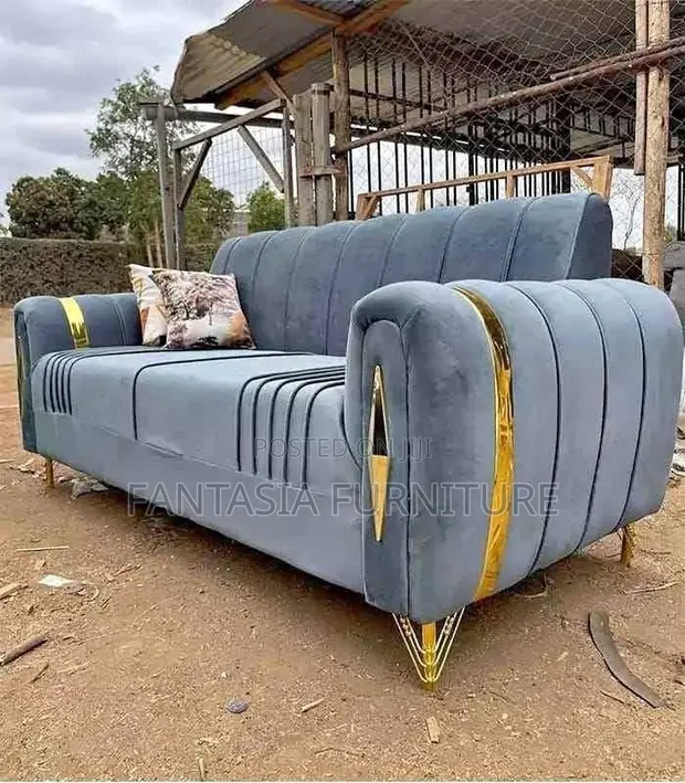 3 Seater Grey Fabric Sofa with Gold Trim - 1