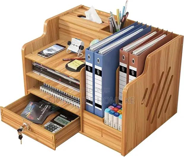 Bamboo Desk Organizer with Drawer & Lock - 1