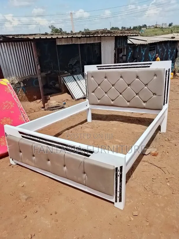 Brand New 5x6 Faux Leather Bed with White Frame - 1