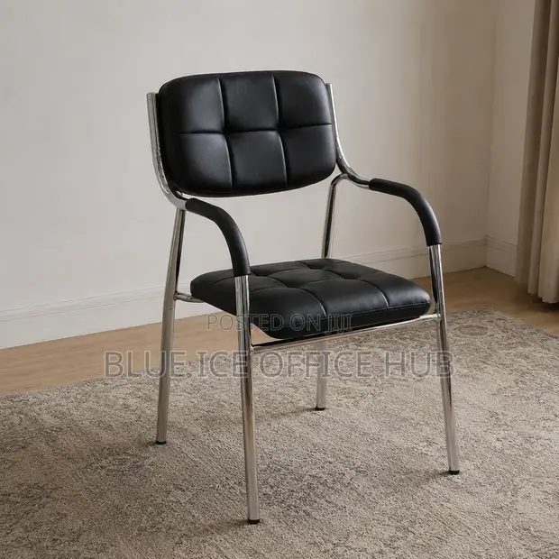 Black Leather Visitor Chair with Chrome Frame - 1