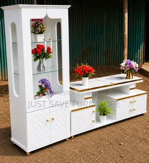 White & Gold TV Stand with Double Door Display Cabinet