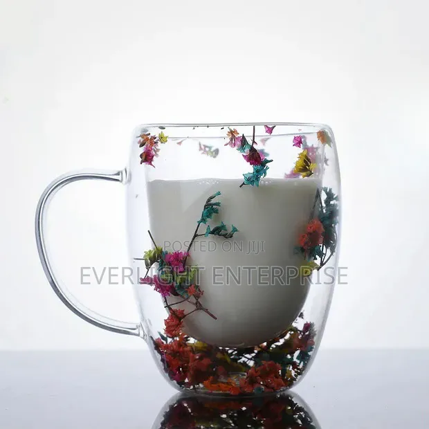 Insulated Double Wall Glass Cup with Dried Flowers - 1