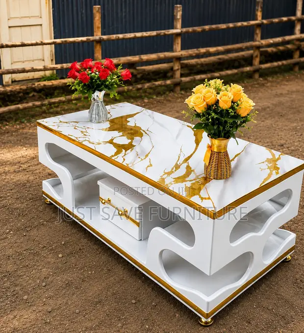 Royalcrest White Gold Marble Effect Coffee Table with Storage - 1