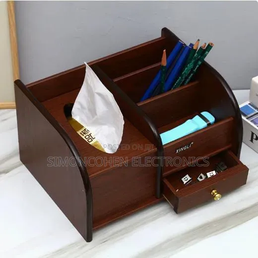 Multifunctional Wooden Desk Organizer with Tissue Box - 1