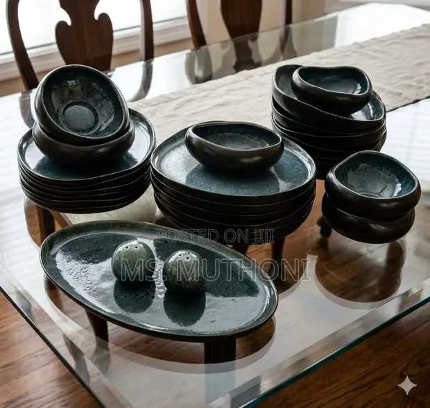 27-Piece Dark Teal-to-Black Reactive Glaze Stoneware Dinnerware Set - 1